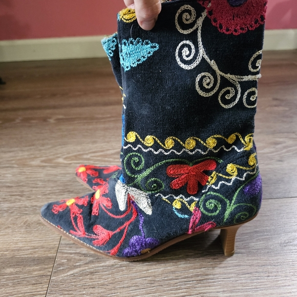 Colorful Rainbow Embroidered Maximalist Funky Gnarly Kitten Heel Boots - Picture 4 of 9
